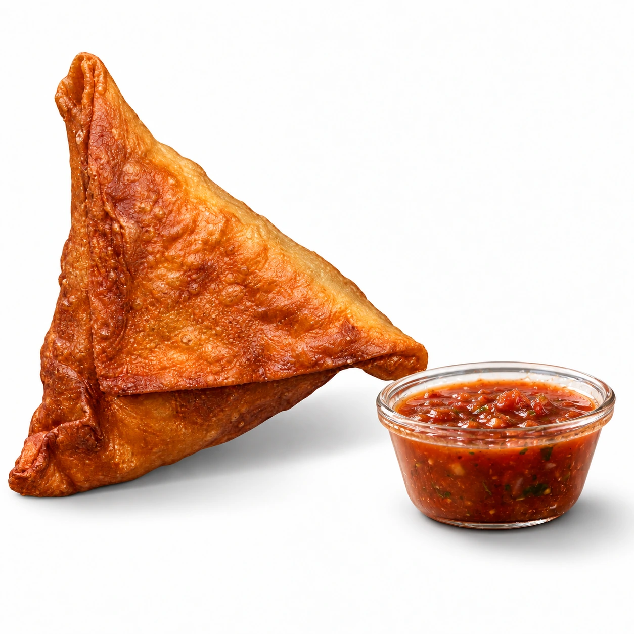 A golden, crispy samosa with a bowl of Garlic Tomato Salsa