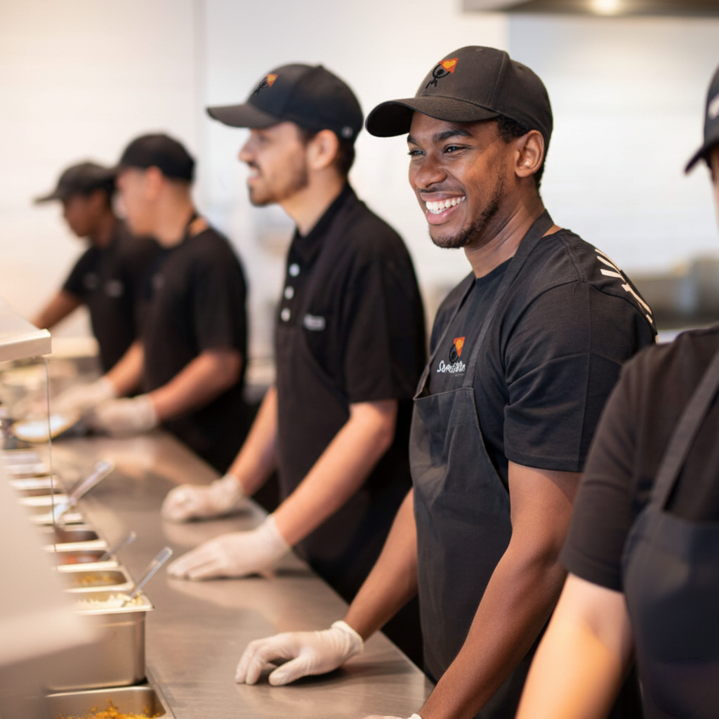 The SamosaMan team in branded black caps and aprons smiling together on the serving line