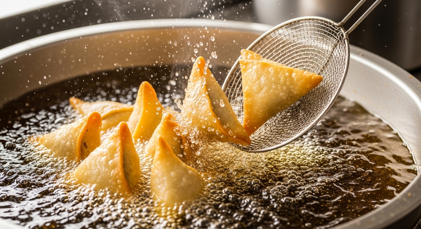 Golden samosas frying and bubbling in hot oil, being lifted out with a wire strainer